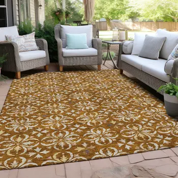 9' X 12' Copper And Beige Floral Washable Indoor Outdoor Area Rug