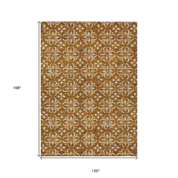 10' X 14' Copper And Beige Floral Washable Indoor Outdoor Area Rug