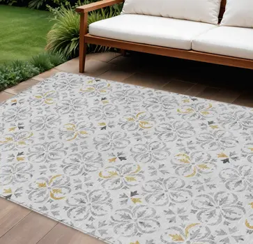8' X 10' Silver Gray And Gold Floral Washable Indoor Outdoor Area Rug