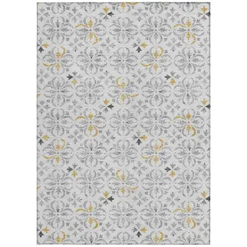 8' X 10' Silver Gray And Gold Floral Washable Indoor Outdoor Area Rug