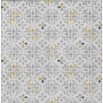 9' X 12' Silver Gray And Gold Floral Washable Indoor Outdoor Area Rug
