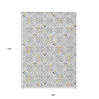 9' X 12' Silver Gray And Gold Floral Washable Indoor Outdoor Area Rug