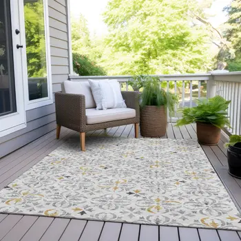 9' X 12' Silver Gray And Gold Floral Washable Indoor Outdoor Area Rug