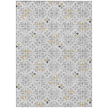 9' X 12' Silver Gray And Gold Floral Washable Indoor Outdoor Area Rug