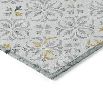 9' X 12' Silver Gray And Gold Floral Washable Indoor Outdoor Area Rug