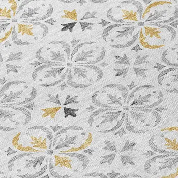 9' X 12' Silver Gray And Gold Floral Washable Indoor Outdoor Area Rug