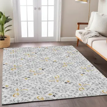 9' X 12' Silver Gray And Gold Floral Washable Indoor Outdoor Area Rug