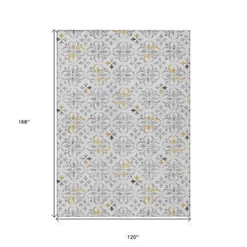 10' X 14' Silver Gray And Gold Floral Washable Indoor Outdoor Area Rug
