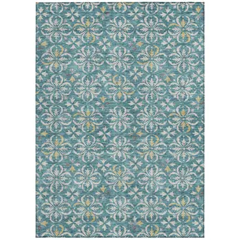 3' X 5' Teal Blue Gray And Gold Floral Washable Indoor Outdoor Area Rug