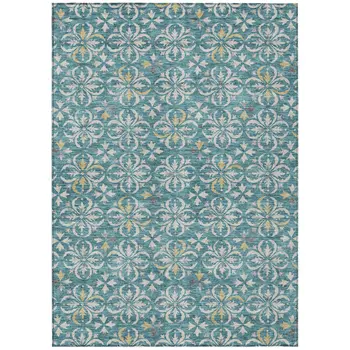 3' X 5' Teal Blue Gray And Gold Floral Washable Indoor Outdoor Area Rug