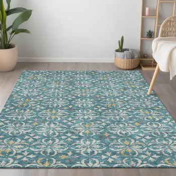 3' X 5' Teal Blue Gray And Gold Floral Washable Indoor Outdoor Area Rug