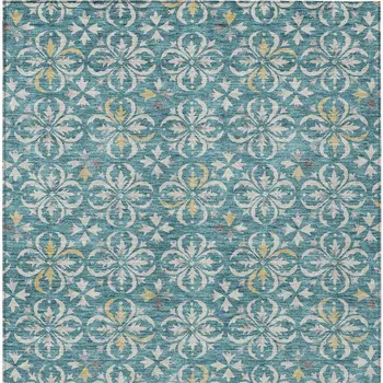 5' X 8' Teal Blue Gray And Gold Floral Washable Indoor Outdoor Area Rug