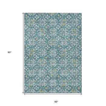5' X 8' Teal Blue Gray And Gold Floral Washable Indoor Outdoor Area Rug