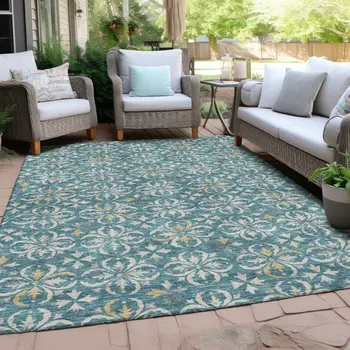 5' X 8' Teal Blue Gray And Gold Floral Washable Indoor Outdoor Area Rug