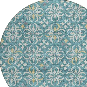 8' Teal Blue Gray And Gold Round Floral Washable Indoor Outdoor Area Rug