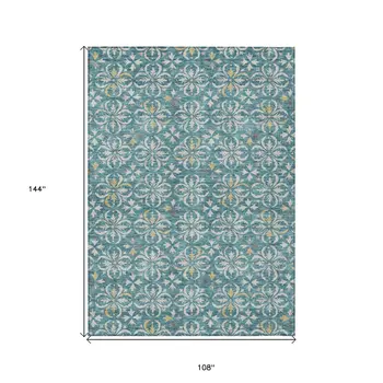 9' X 12' Teal Blue Gray And Gold Floral Washable Indoor Outdoor Area Rug