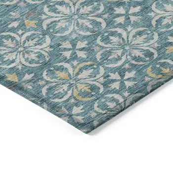 9' X 12' Teal Blue Gray And Gold Floral Washable Indoor Outdoor Area Rug