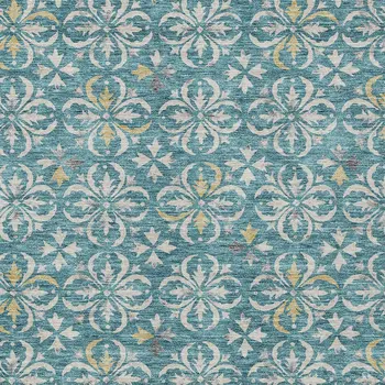 10' X 14' Teal Blue Gray And Gold Floral Washable Indoor Outdoor Area Rug