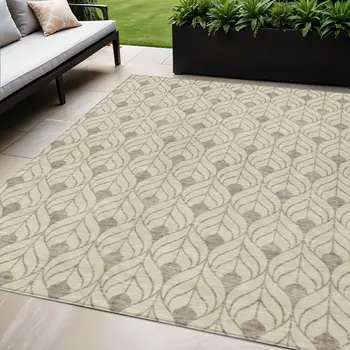 5' X 8' Beige And Taupe Geometric Washable Indoor Outdoor Area Rug