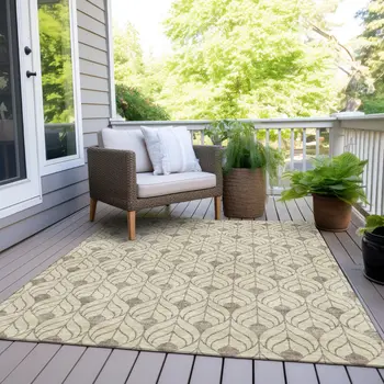 9' X 12' Beige And Taupe Geometric Washable Indoor Outdoor Area Rug