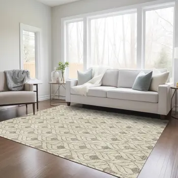 9' X 12' Beige And Taupe Geometric Washable Indoor Outdoor Area Rug