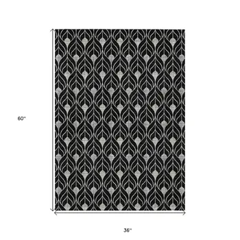 3' X 5' Black And Ivory Geometric Washable Indoor Outdoor Area Rug