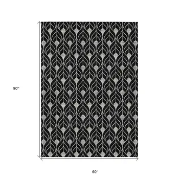 5' X 8' Black And Ivory Geometric Washable Indoor Outdoor Area Rug