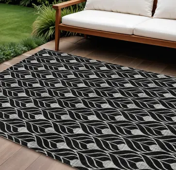 8' X 10' Black And Ivory Geometric Washable Indoor Outdoor Area Rug