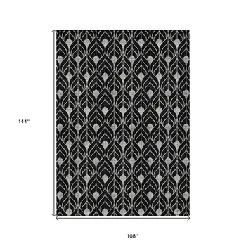 9' X 12' Black And Ivory Geometric Washable Indoor Outdoor Area Rug