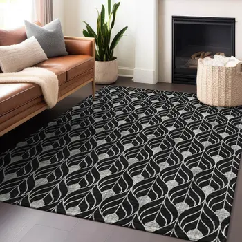 9' X 12' Black And Ivory Geometric Washable Indoor Outdoor Area Rug