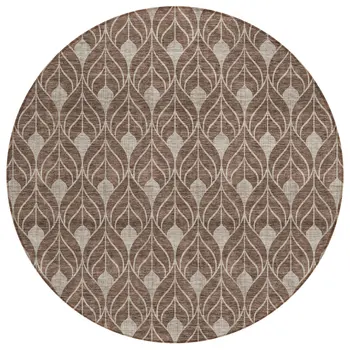 8' Brown And Beige Round Geometric Washable Indoor Outdoor Area Rug
