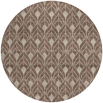 8' Brown And Beige Round Geometric Washable Indoor Outdoor Area Rug