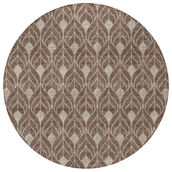 8' Brown And Beige Round Geometric Washable Indoor Outdoor Area Rug
