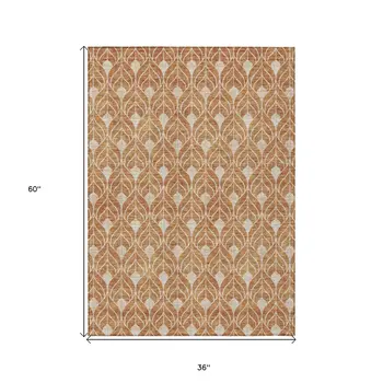 3' X 5' Copper And Beige Geometric Washable Indoor Outdoor Area Rug