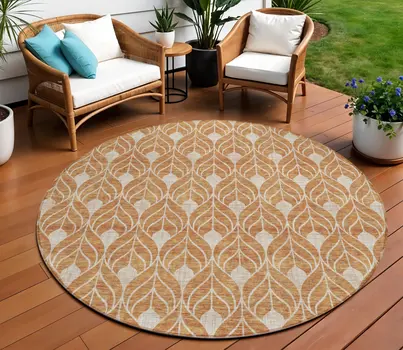 8' Copper And Beige Round Geometric Washable Indoor Outdoor Area Rug