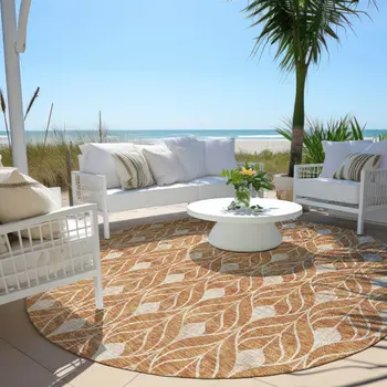 8' Copper And Beige Round Geometric Washable Indoor Outdoor Area Rug