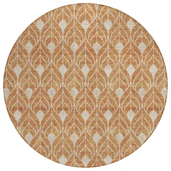 8' Copper And Beige Round Geometric Washable Indoor Outdoor Area Rug