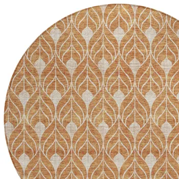 8' Copper And Beige Round Geometric Washable Indoor Outdoor Area Rug
