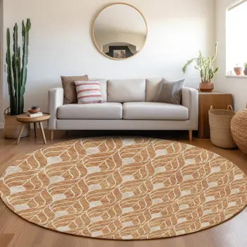 8' Copper And Beige Round Geometric Washable Indoor Outdoor Area Rug