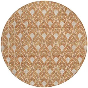 8' Copper And Beige Round Geometric Washable Indoor Outdoor Area Rug