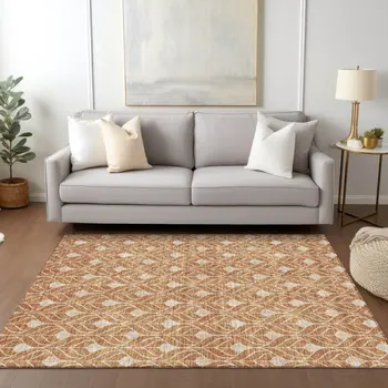 8' X 10' Copper And Beige Geometric Washable Indoor Outdoor Area Rug