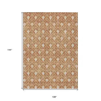 9' X 12' Copper And Beige Geometric Washable Indoor Outdoor Area Rug
