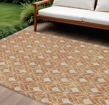 9' X 12' Copper And Beige Geometric Washable Indoor Outdoor Area Rug