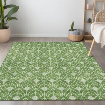 3' X 5' Green And Light Green Geometric Washable Indoor Outdoor Area Rug