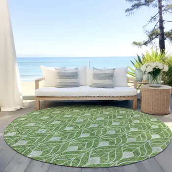 8' Green And Light Green Round Geometric Washable Indoor Outdoor Area Rug