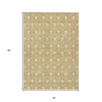 3' X 5' Gold And Ivory Geometric Washable Indoor Outdoor Area Rug