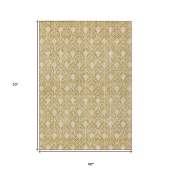 5' X 8' Gold And Ivory Geometric Washable Indoor Outdoor Area Rug