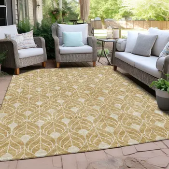 5' X 8' Gold And Ivory Geometric Washable Indoor Outdoor Area Rug