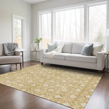 5' X 8' Gold And Ivory Geometric Washable Indoor Outdoor Area Rug