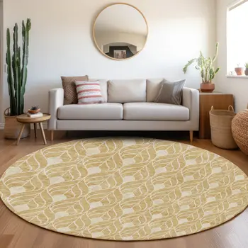 8' Gold And Ivory Round Geometric Washable Indoor Outdoor Area Rug